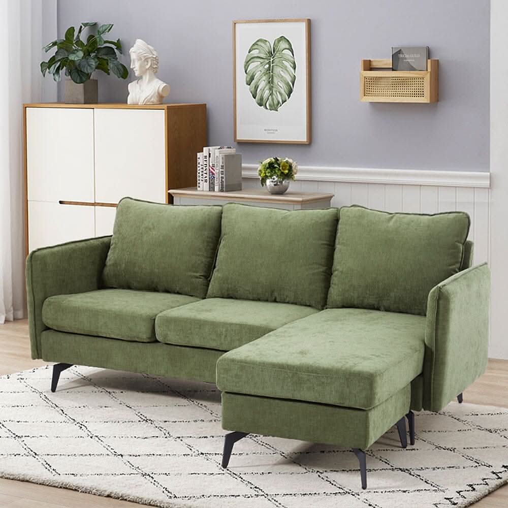 Corner Sofa Green Grey Polyester Wooden Frame Spring Cushion Metal Legs