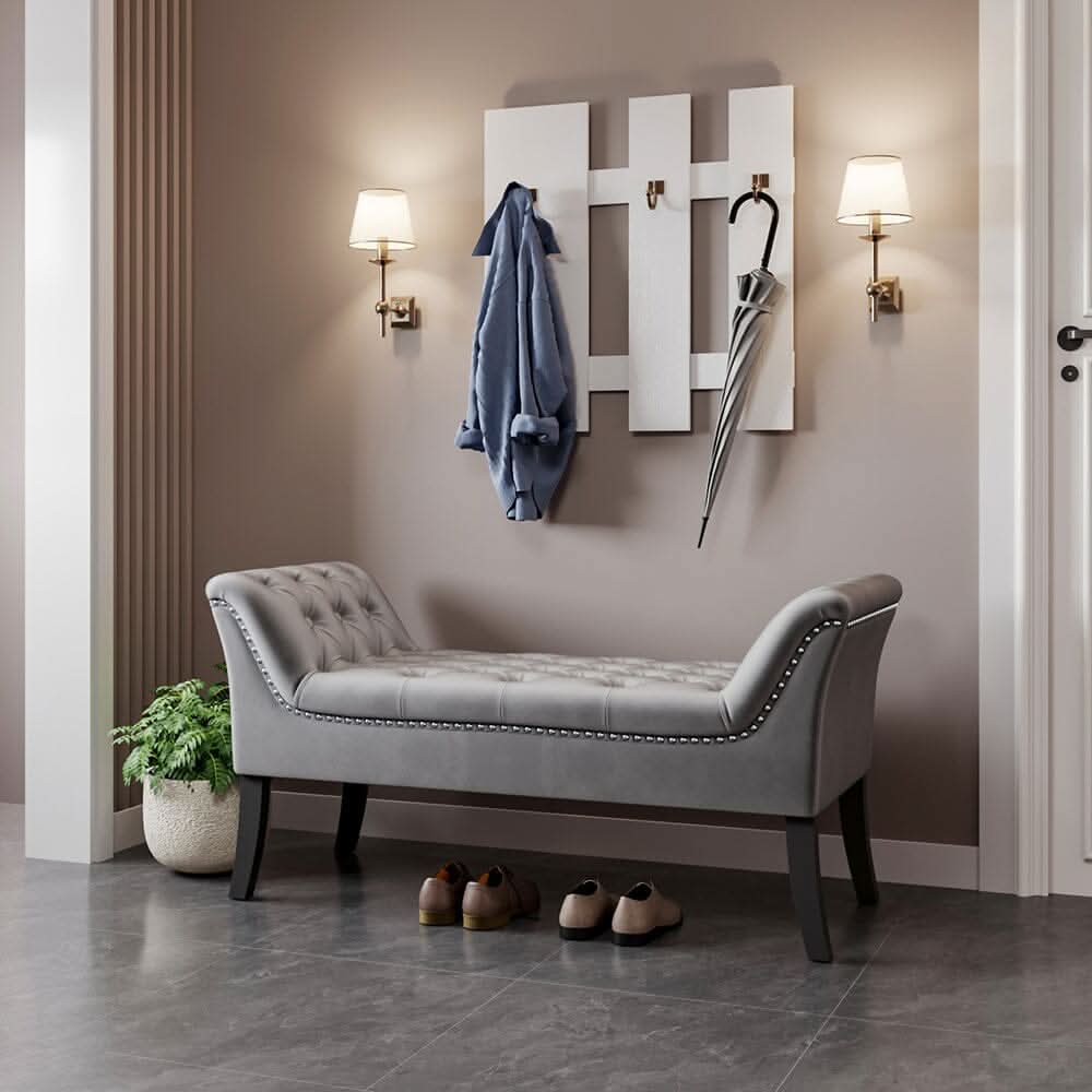 Tufted Velvet Buttoned Bench with Raised Arms