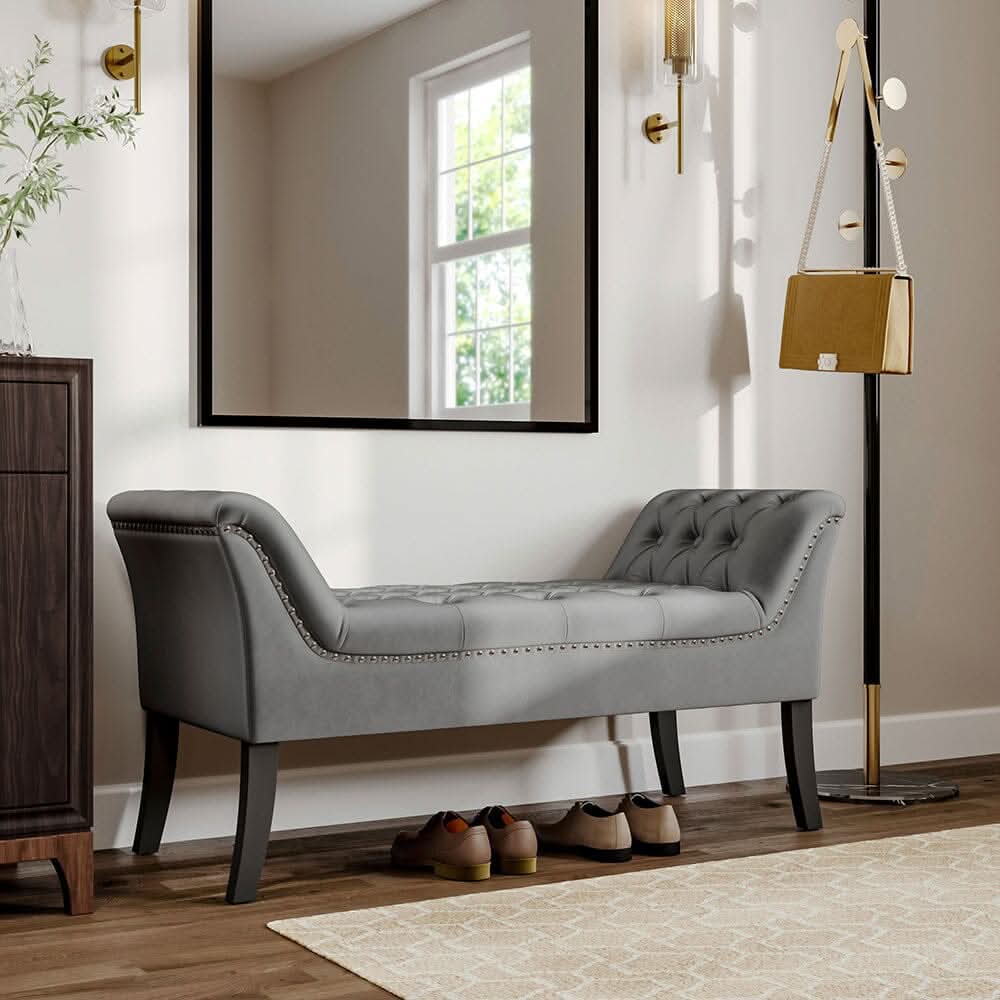 Tufted Velvet Buttoned Bench with Raised Arms