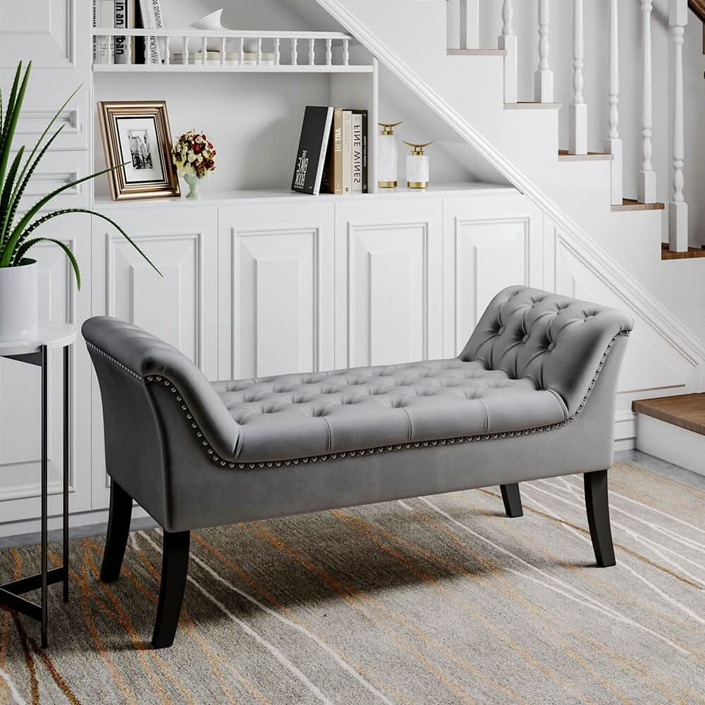 Tufted Velvet Buttoned Bench with Raised Arms