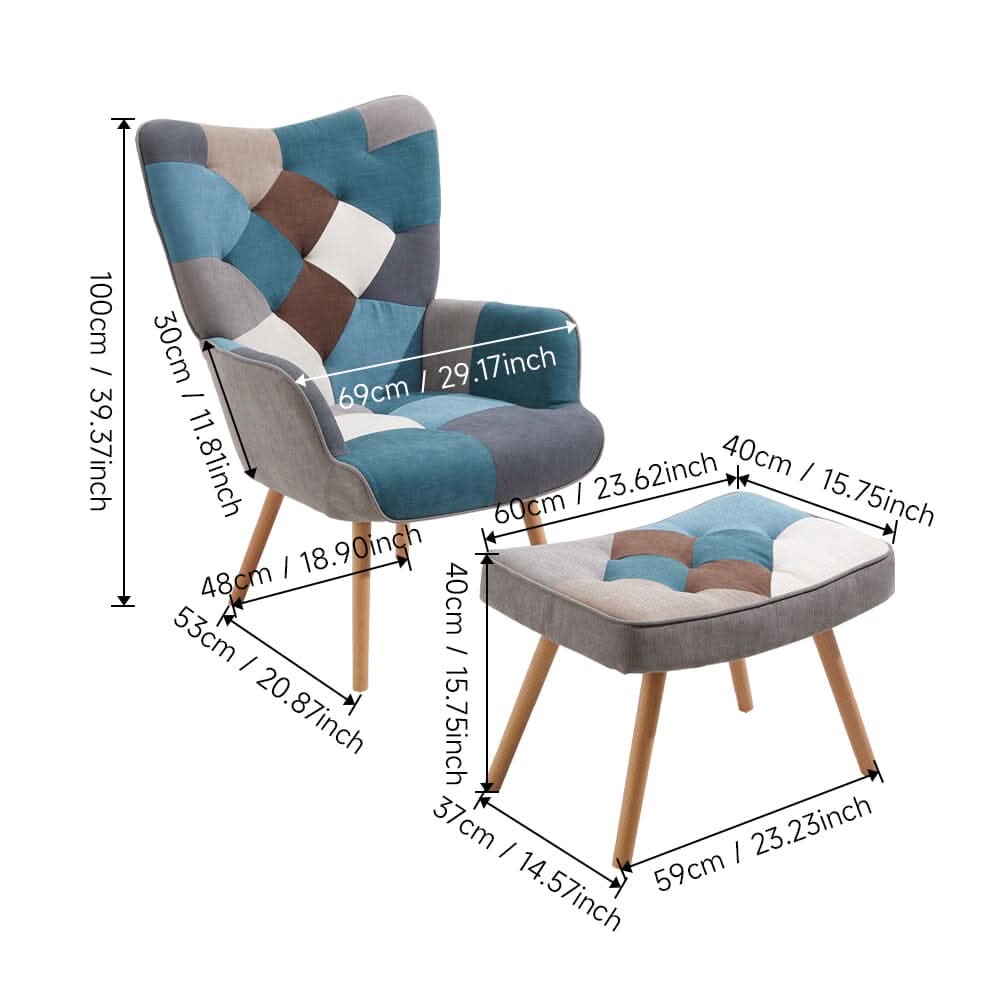 Colour Block Upholstered Wingback Armchair with Footstool