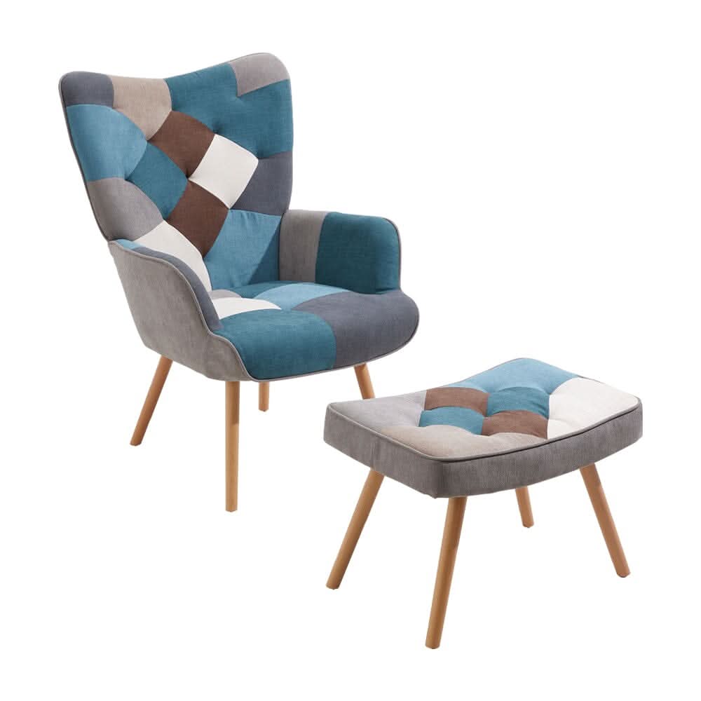 Colour Block Upholstered Wingback Armchair with Footstool