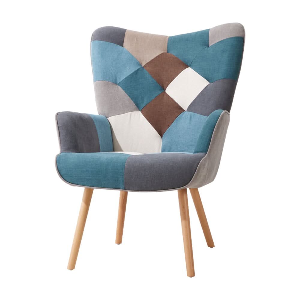 Colour Block Upholstered Wingback Armchair with Footstool