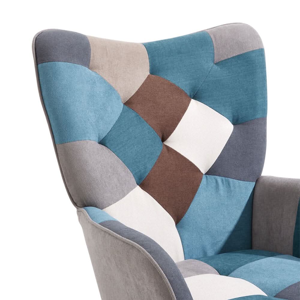 Colour Block Upholstered Wingback Armchair with Footstool