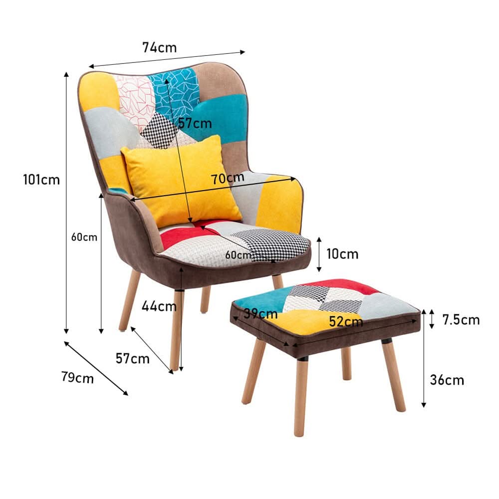 Patterned Fabric Accent Chair with Ottoman & Throw Pillow