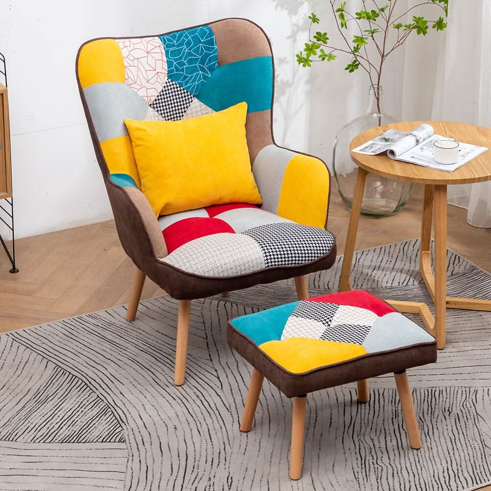 Patterned Fabric Accent Chair with Ottoman & Throw Pillow