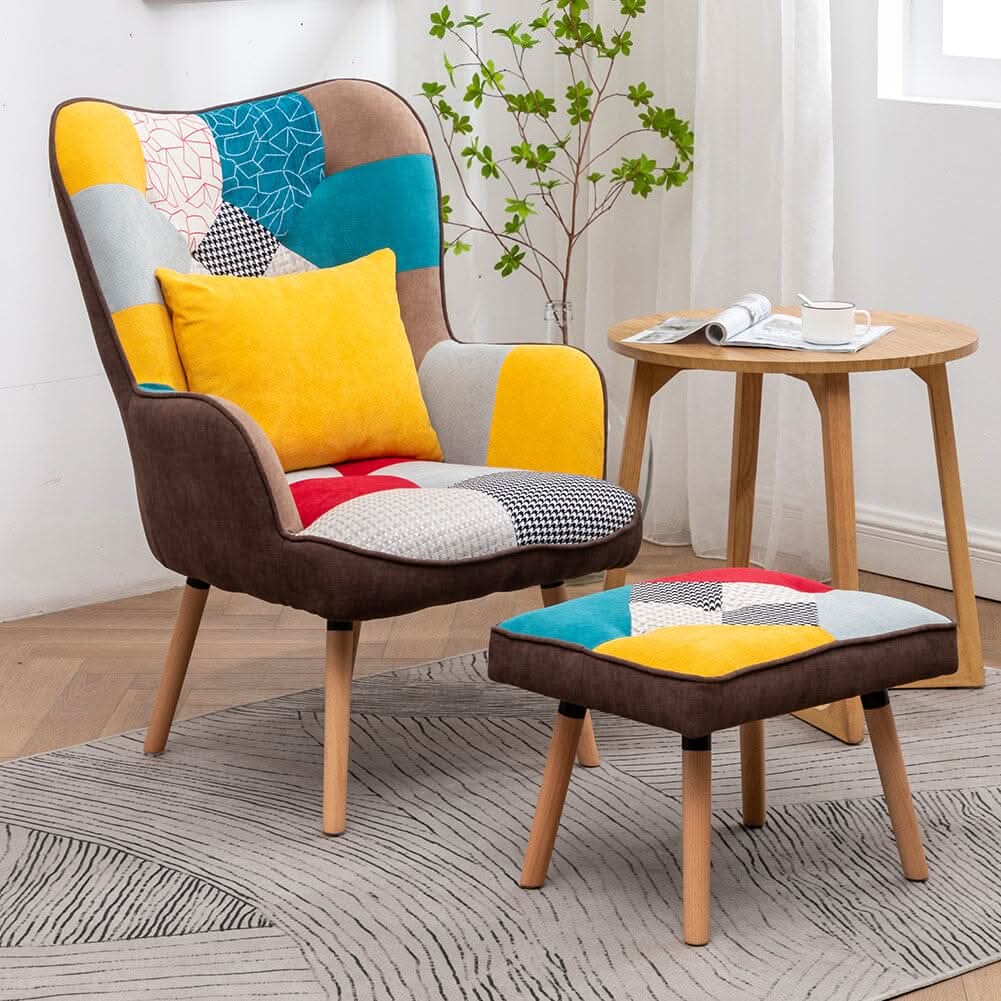 Patterned Fabric Accent Chair with Ottoman & Throw Pillow