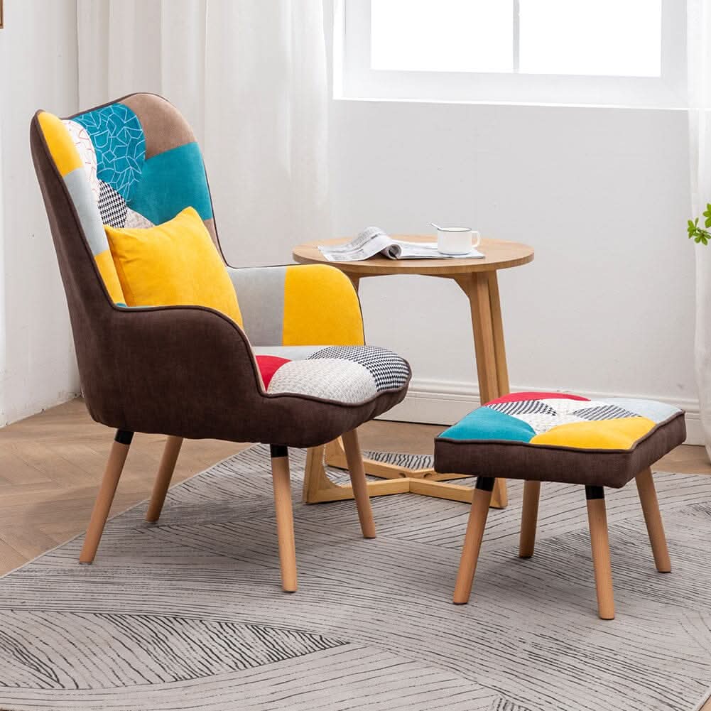 Patterned Fabric Accent Chair with Ottoman & Throw Pillow
