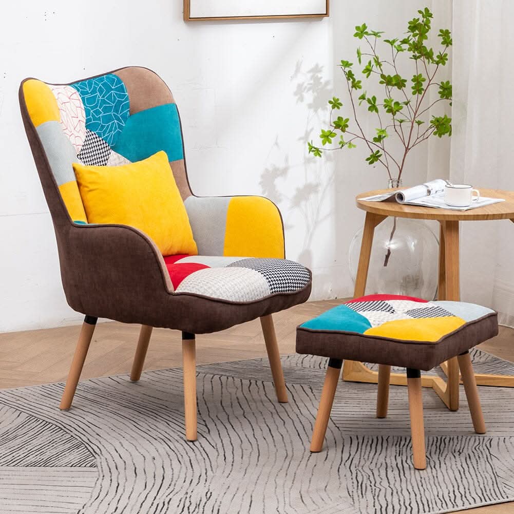 Patterned Fabric Accent Chair with Ottoman & Throw Pillow