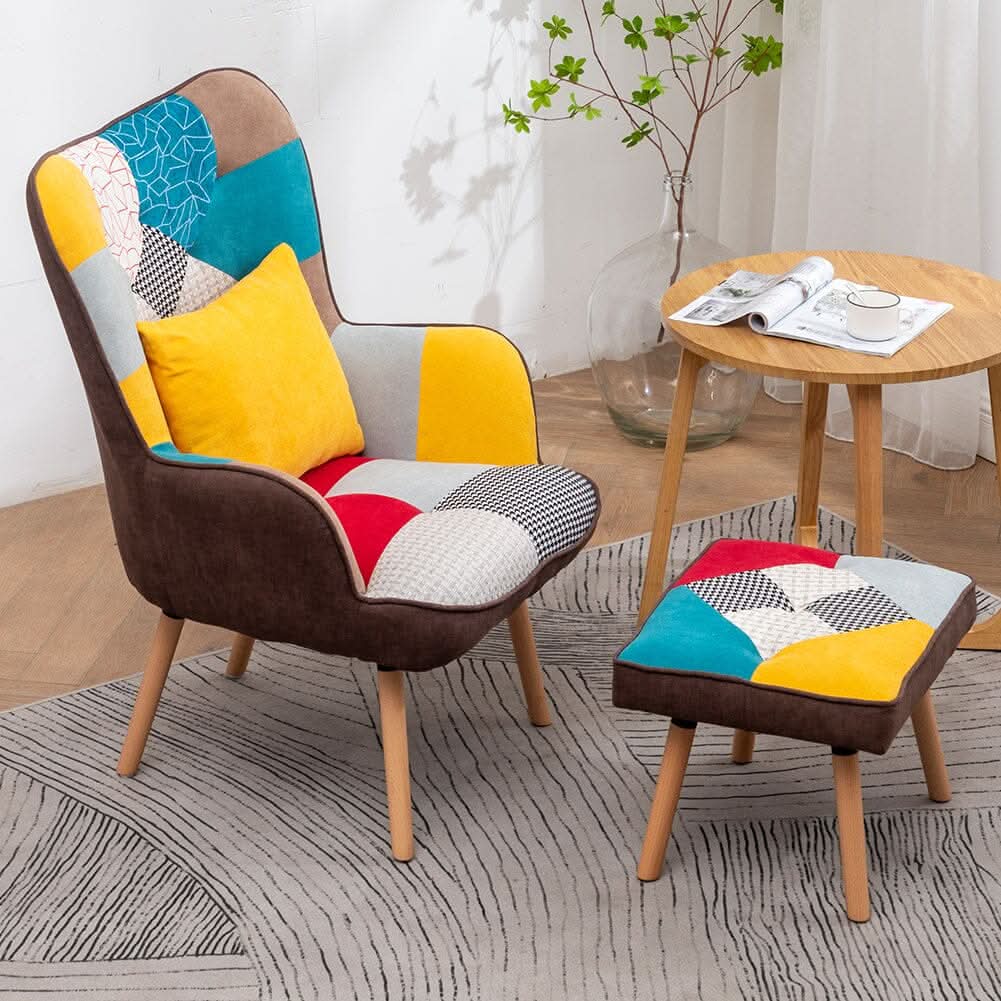 Patterned Fabric Accent Chair with Ottoman & Throw Pillow