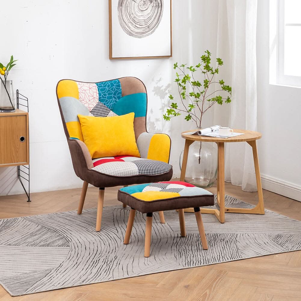 Patterned Fabric Accent Chair with Ottoman & Throw Pillow