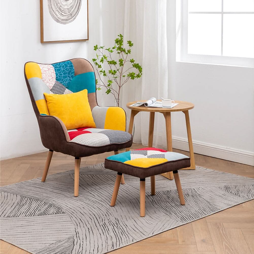 Patterned Fabric Accent Chair with Ottoman & Throw Pillow