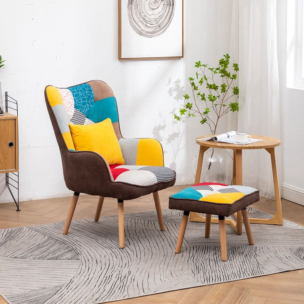 Patterned Fabric Accent Chair with Ottoman & Throw Pillow