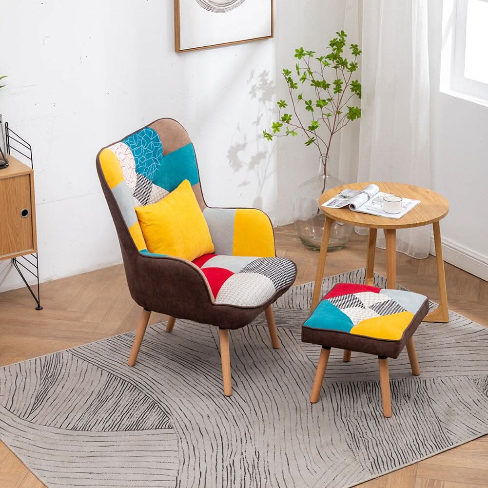 Patterned Fabric Accent Chair with Ottoman & Throw Pillow