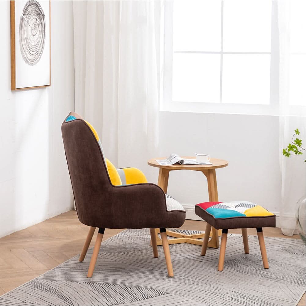 Patterned Fabric Accent Chair with Ottoman & Throw Pillow