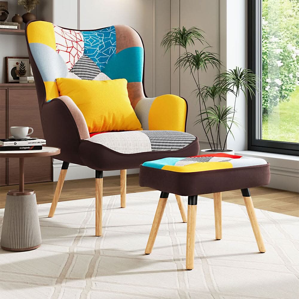 Patterned Fabric Accent Chair with Ottoman & Throw Pillow