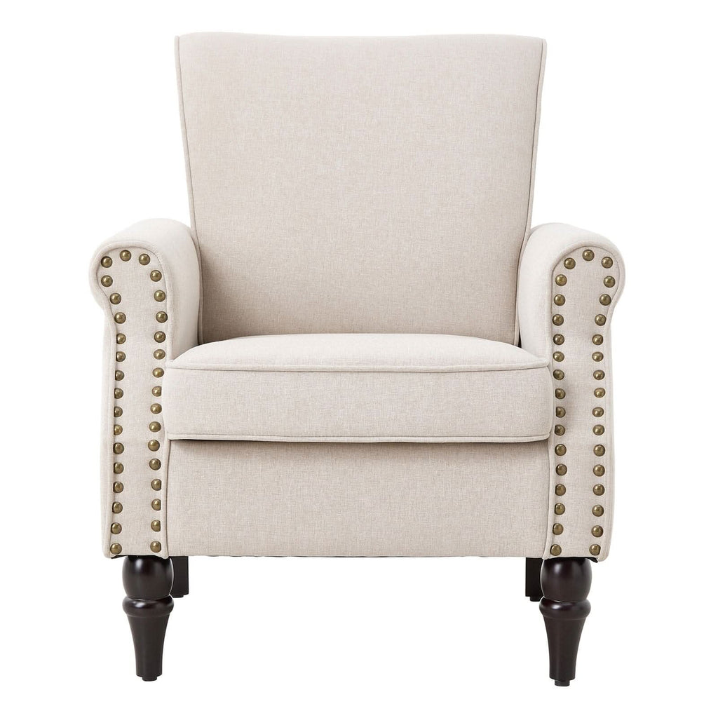 Accent Chair Beige Velvet Linen Studded Detail Rubber Wood Legs