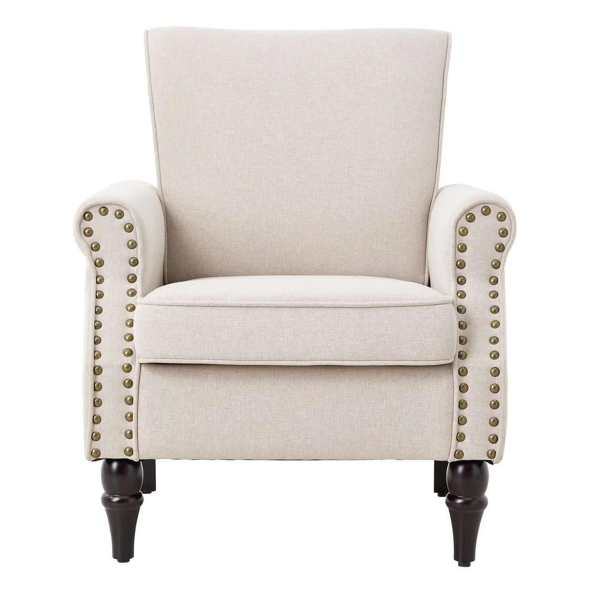 Accent Chair Beige Velvet Linen Studded Detail Rubber Wood Legs