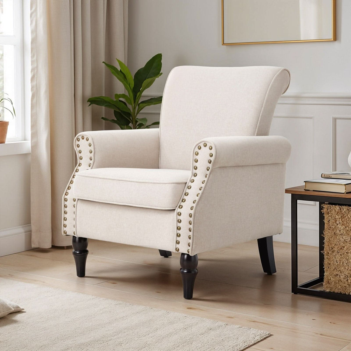 Accent Chair Beige Velvet Linen Studded Detail Rubber Wood Legs