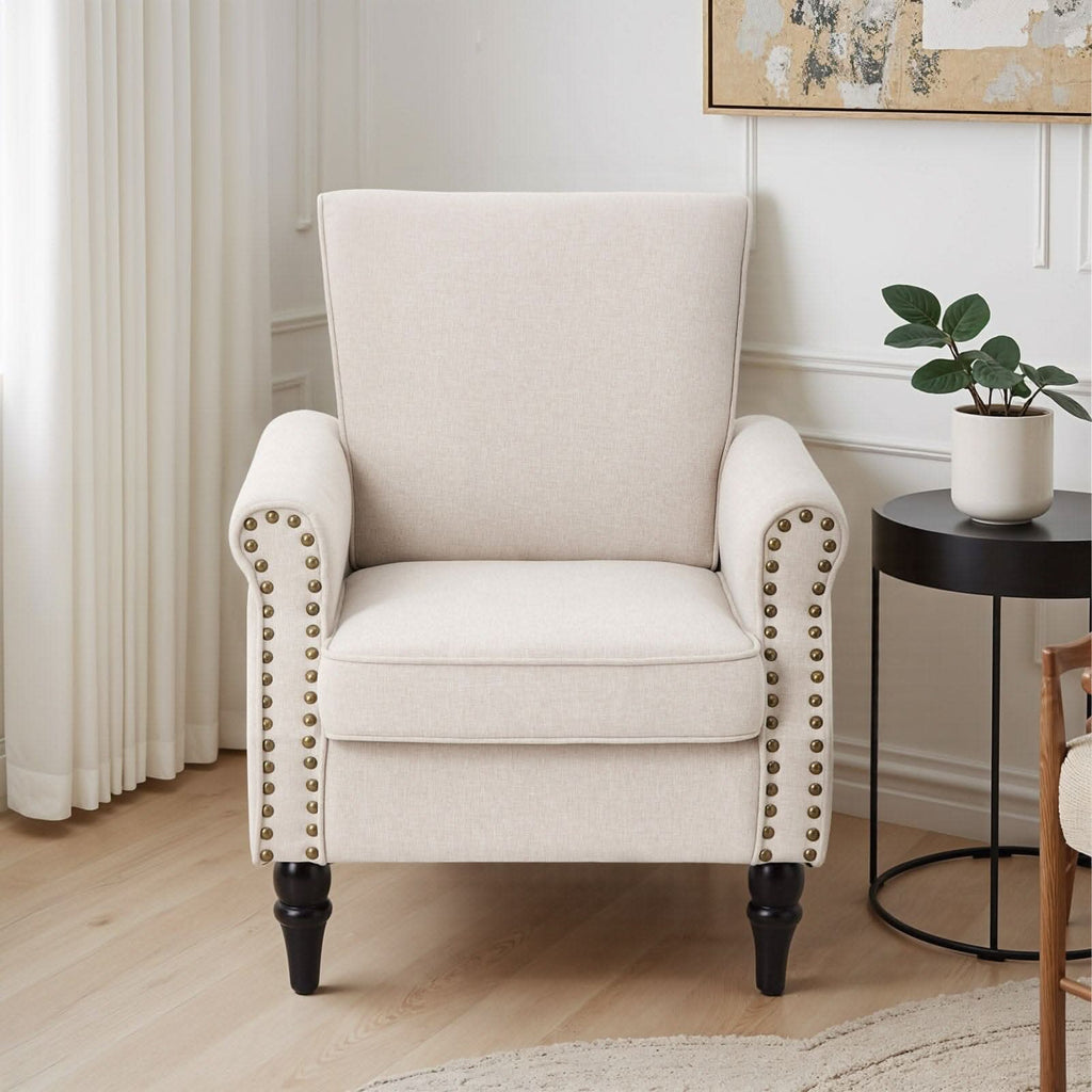 Accent Chair Beige Velvet Linen Studded Detail Rubber Wood Legs