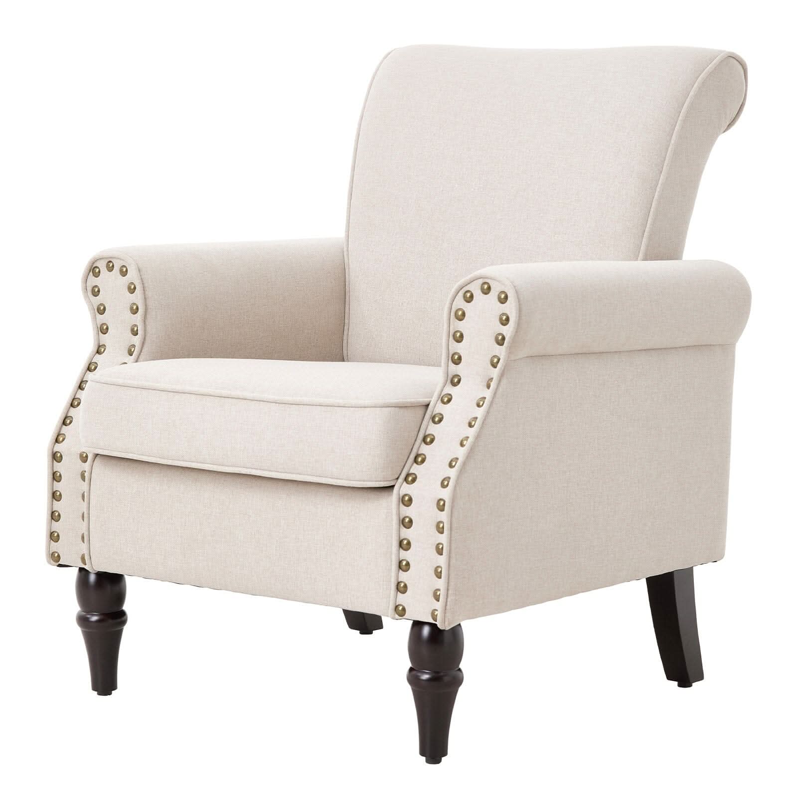 Accent Chair Beige Velvet Linen Studded Detail Rubber Wood Legs