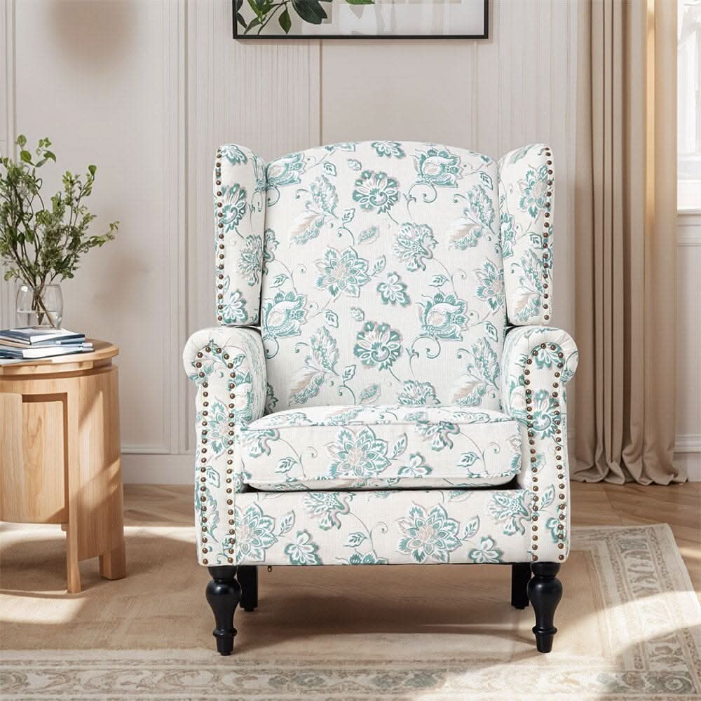 Accent Chair Green Floral Velvet Linen Rubber Wood Legs