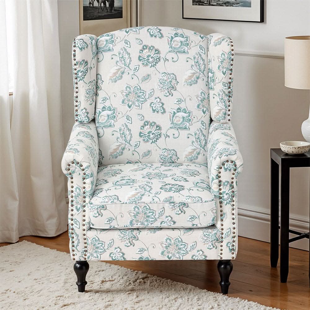 Accent Chair Green Floral Velvet Linen Rubber Wood Legs