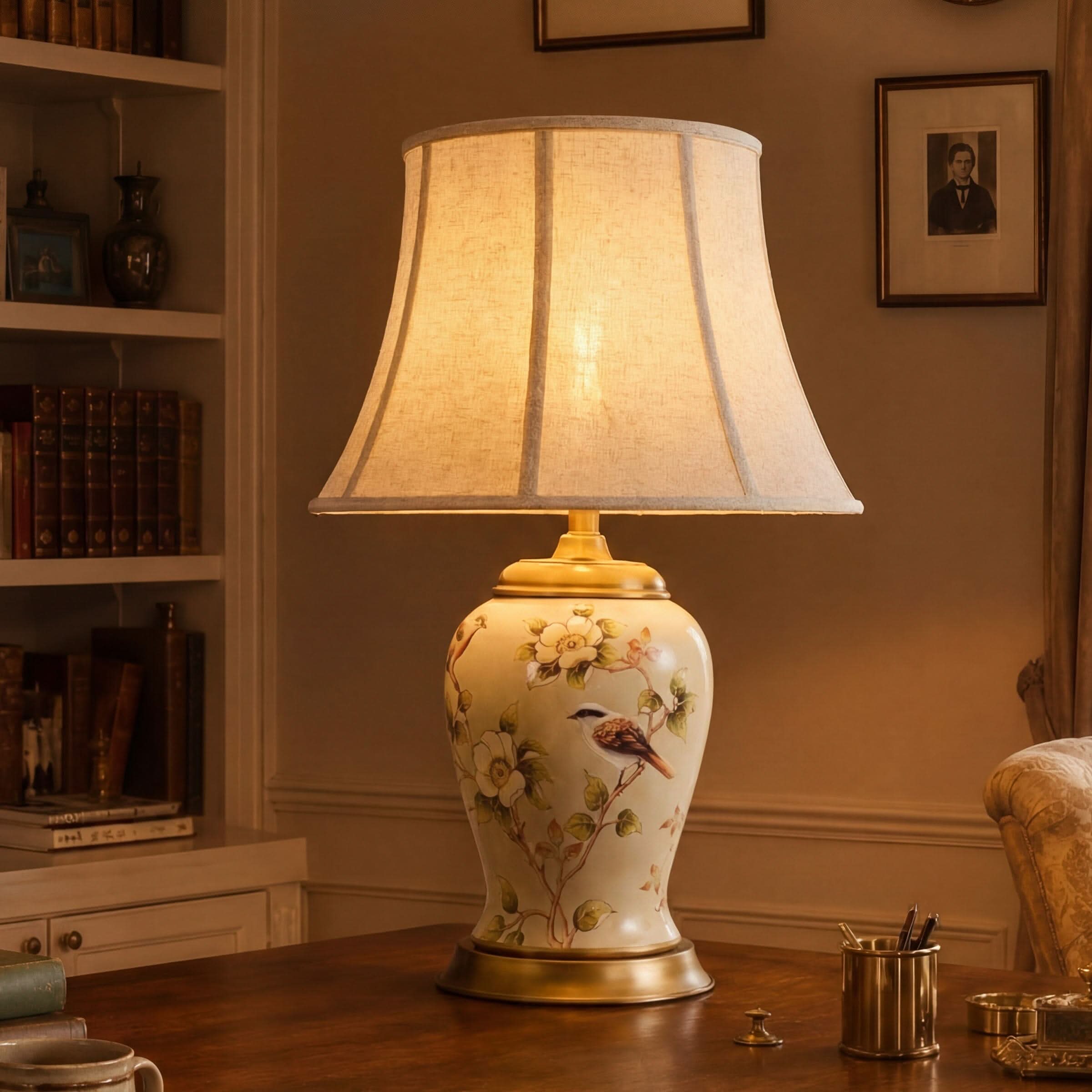 Lightsin Vintage Camellia Ceramic Table Lamp with Copper Base and Fabric Shade