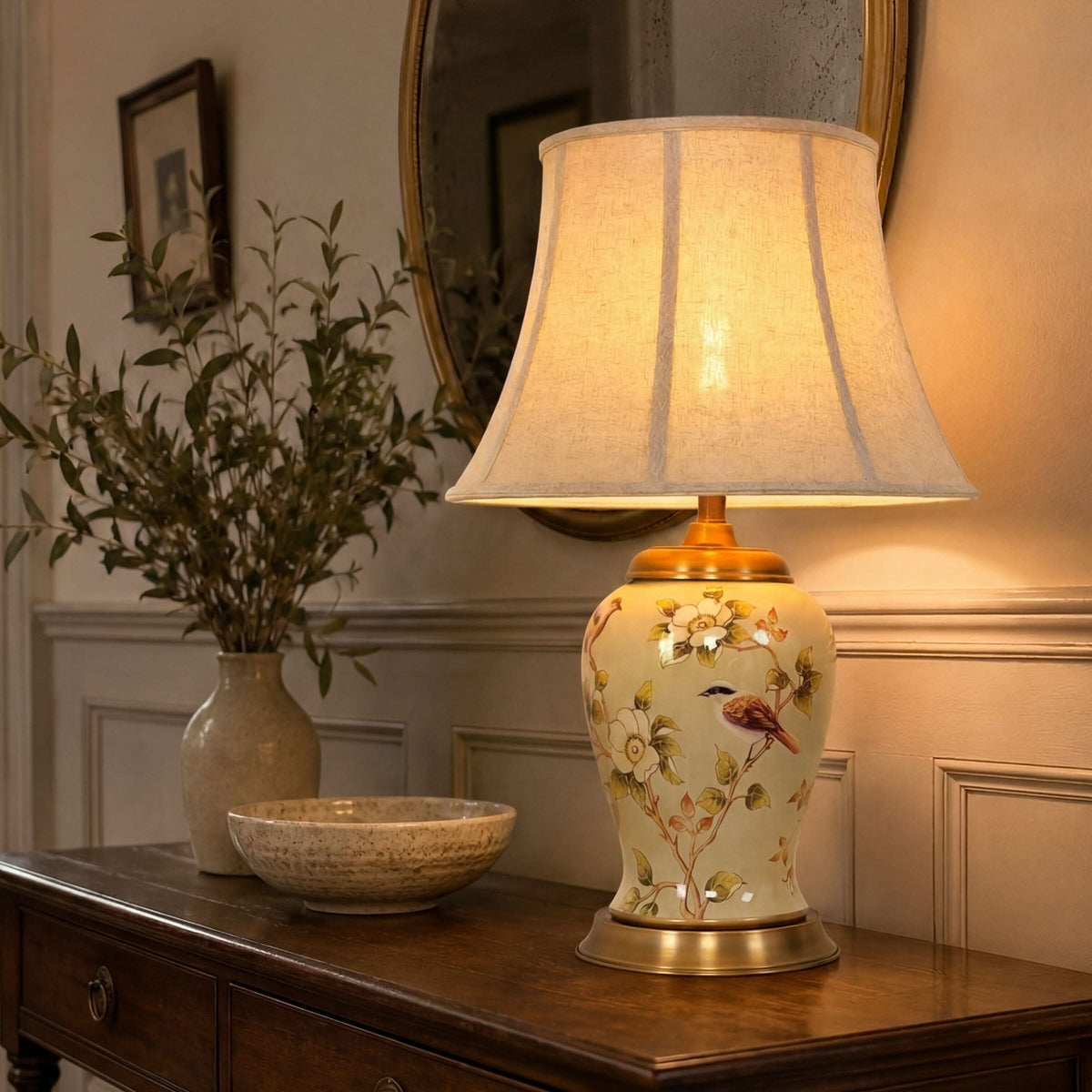 Lightsin Vintage Camellia Ceramic Table Lamp with Copper Base and Fabric Shade