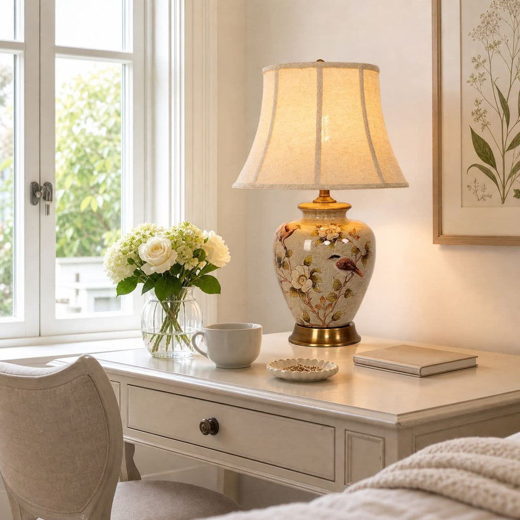 Lightsin Vintage Ceramic Bird-Pattern Table Lamp with Fabric Shade