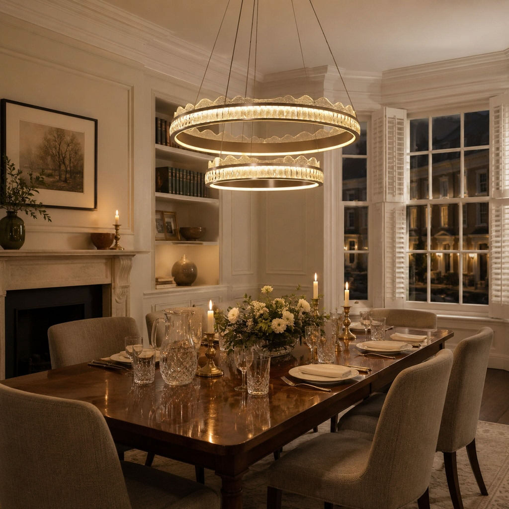 Lightsin Golden Crystal Dual-Ring LED Pendant Light in Modern Aluminum Design