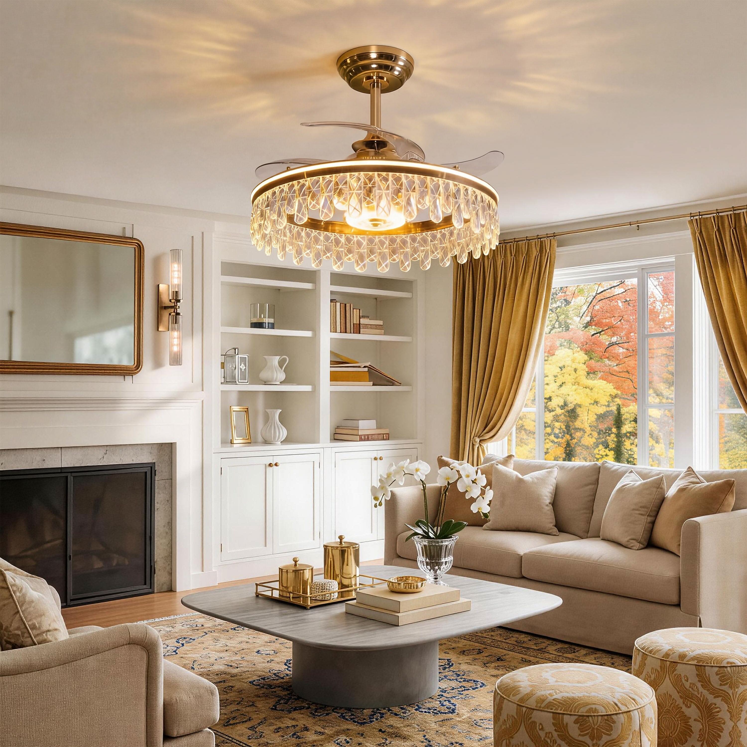 Lightsin 60cm Modern Gold Crystal Ceiling Fan with Light