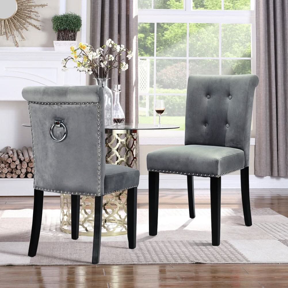 Velvet Upholstered Dining Chair with Button-Tufted Details – Light Grey