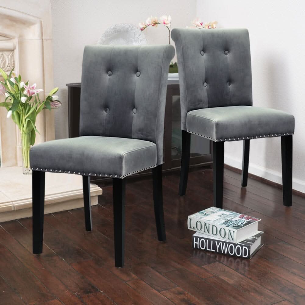 Velvet Upholstered Dining Chair with Button-Tufted Details – Light Grey