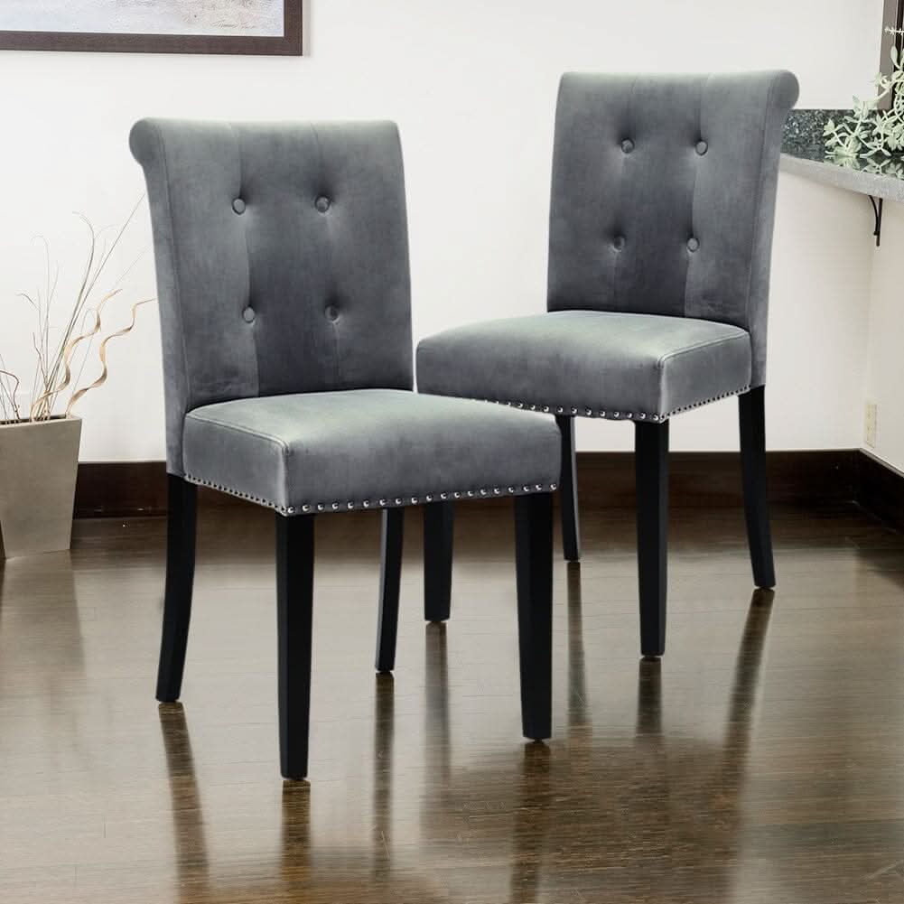 Velvet Upholstered Dining Chair with Button-Tufted Details – Light Grey