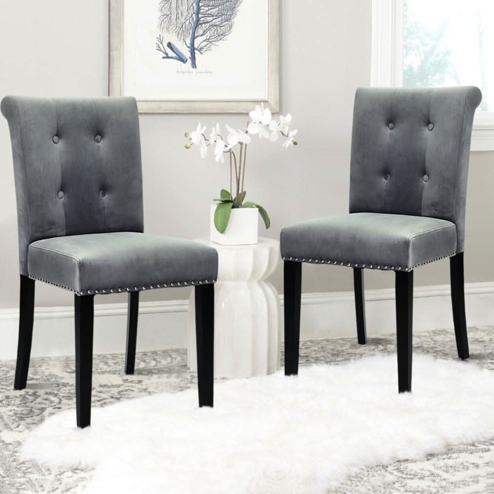 Velvet Upholstered Dining Chair with Button-Tufted Details – Light Grey