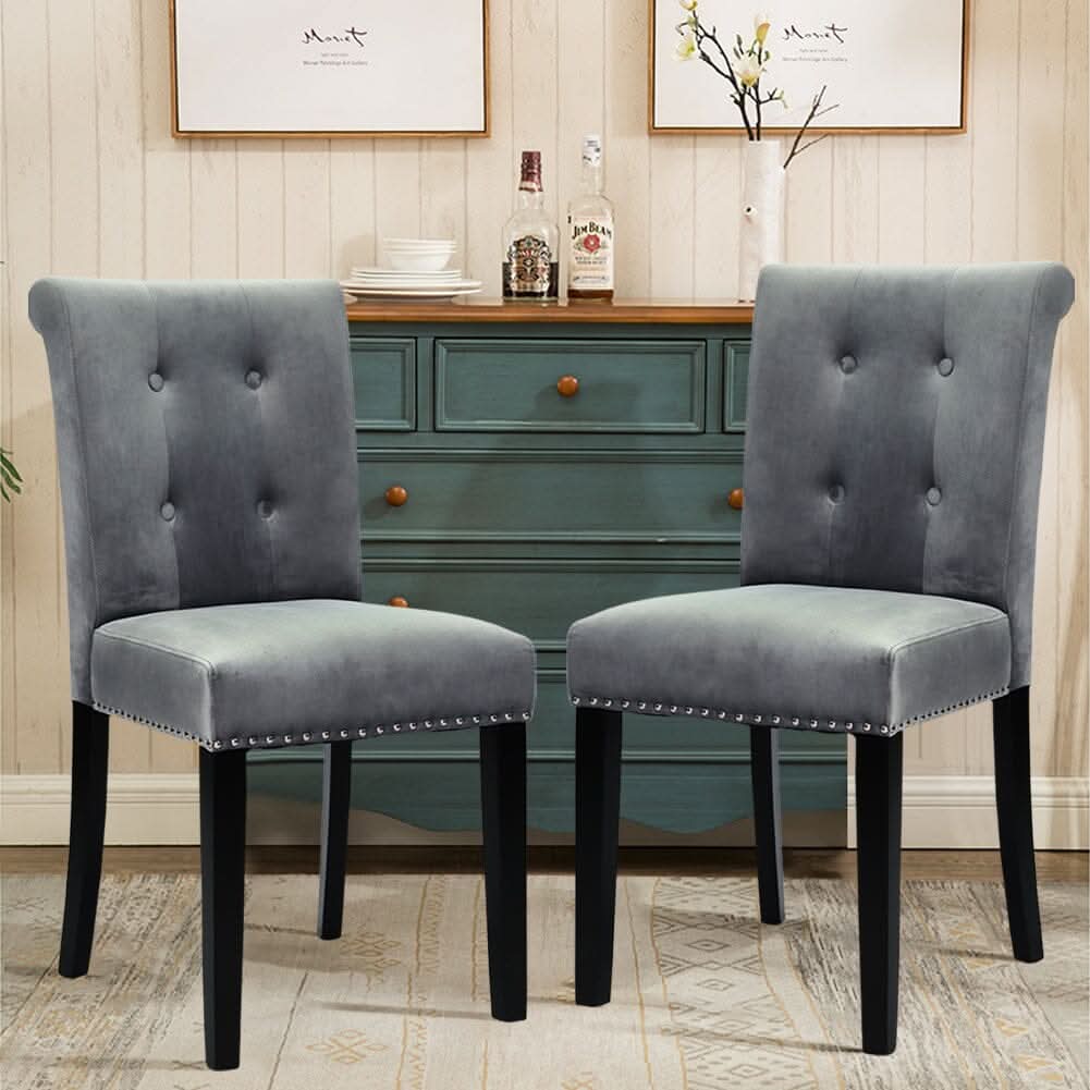 Velvet Upholstered Dining Chair with Button-Tufted Details – Light Grey