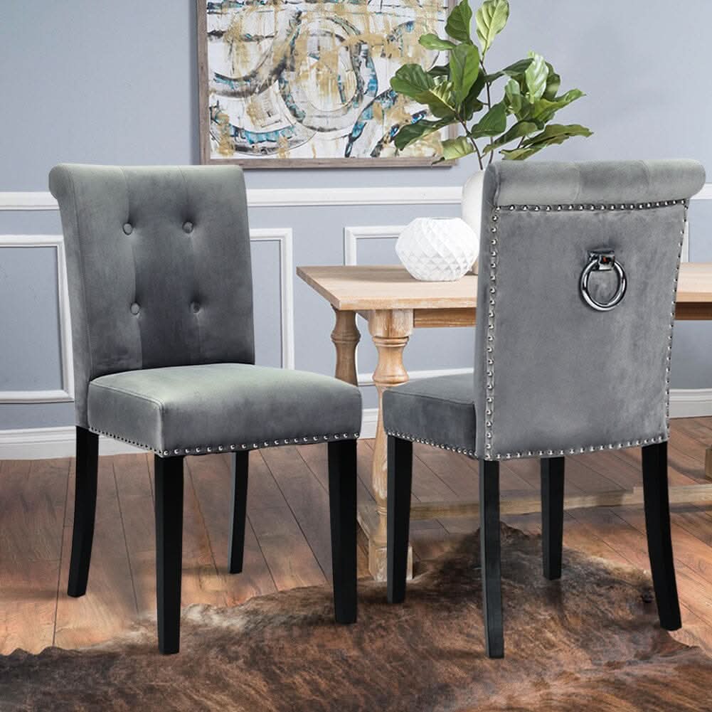Velvet Upholstered Dining Chair with Button-Tufted Details – Light Grey
