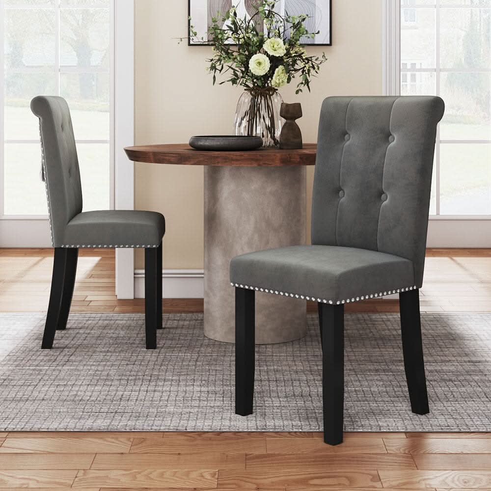 Velvet Upholstered Dining Chair with Button-Tufted Details – Light Grey