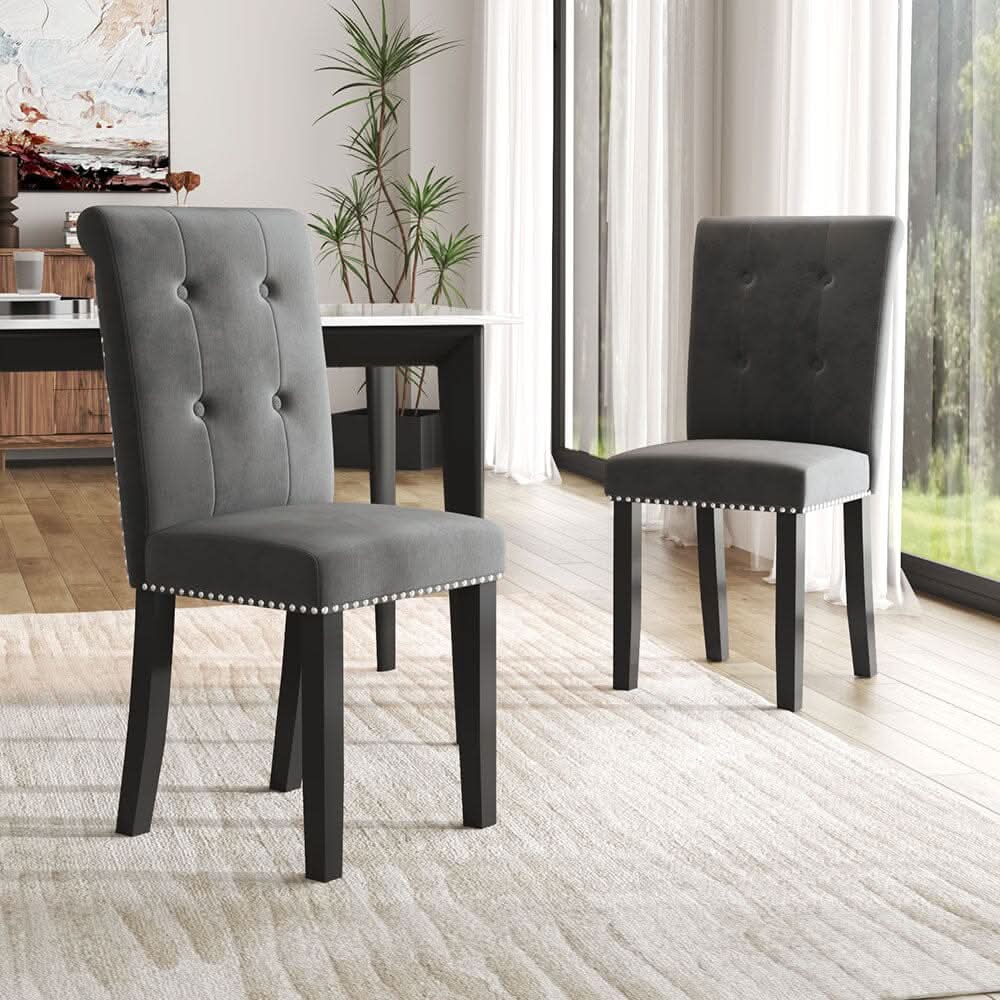 Velvet Upholstered Dining Chair with Button-Tufted Details – Light Grey