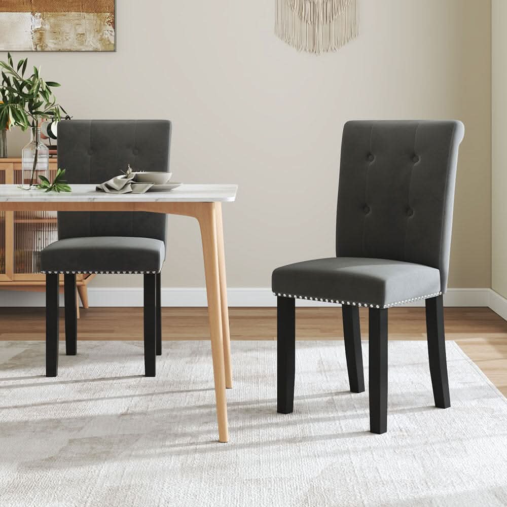 Velvet Upholstered Dining Chair with Button-Tufted Details – Light Grey