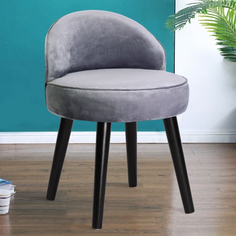 Plush Velvet Vanity Stool with Curved Backrest & Black Rubber Wood Legs