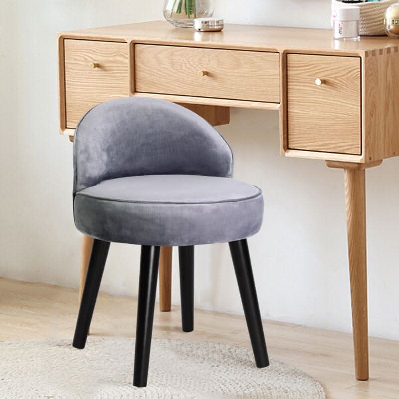 Plush Velvet Vanity Stool with Curved Backrest & Black Rubber Wood Legs