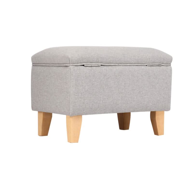Linen Upholstered Storage Footstool with Solid Wood Legs and Lift-Up Seat