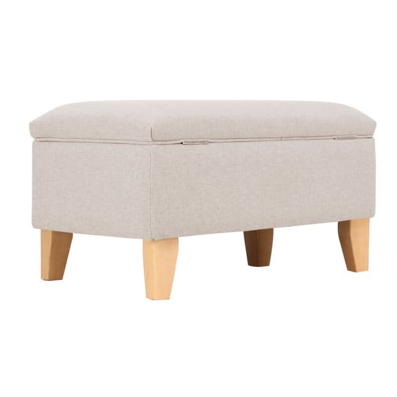 Linen Upholstered Storage Footstool with Solid Wood Legs and Lift-Up Seat