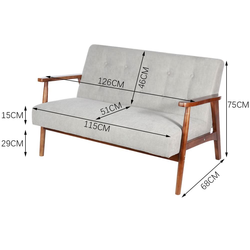 2 Seater Wooden Arm Sofa Grey Towel Fabric Rubber Wood Armrests