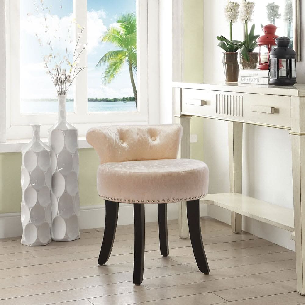 Crushed Velvet Vanity Stool with Button-Tufted Backrest
