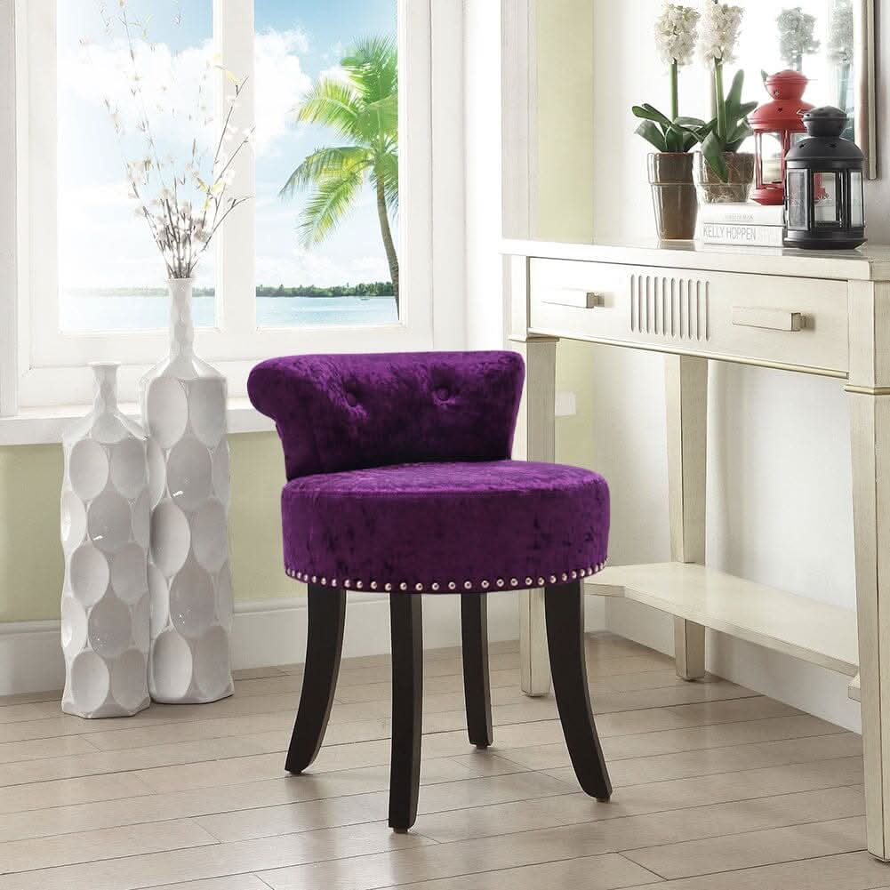 Crushed Velvet Vanity Stool with Button-Tufted Backrest