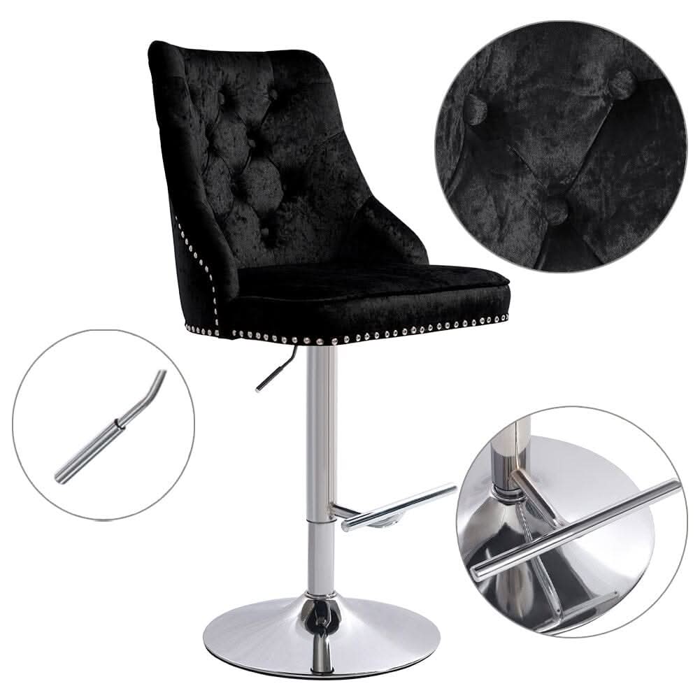 Black Adjustable Bar Stool with Floral Velvet Upholstery