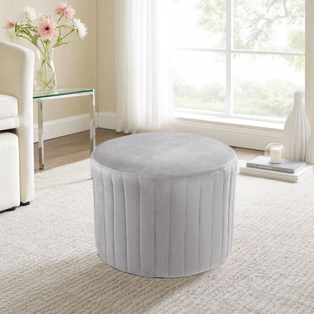 Round Ribbed Ottoman Grey Velvet